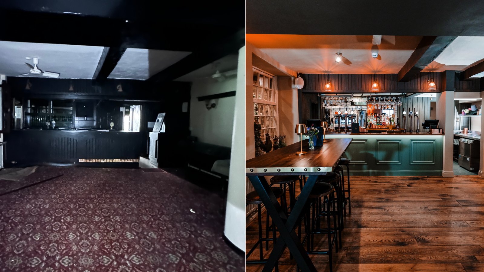 A side by side photo showing the bar area at The Ashford Arms before and after refurbishment