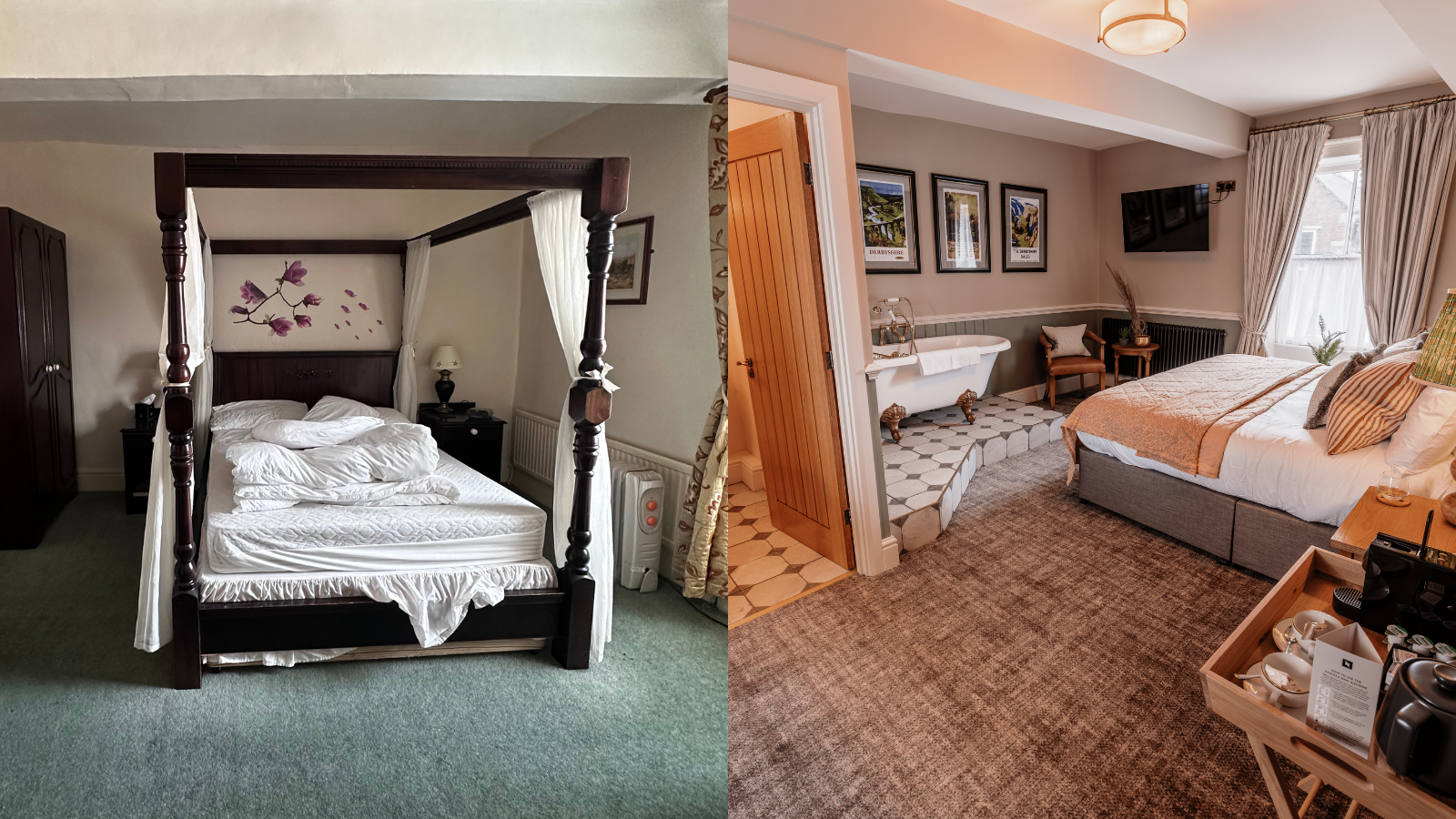 A side by side photo showing a bedroom at The Ashford Arms before and after refurbishment