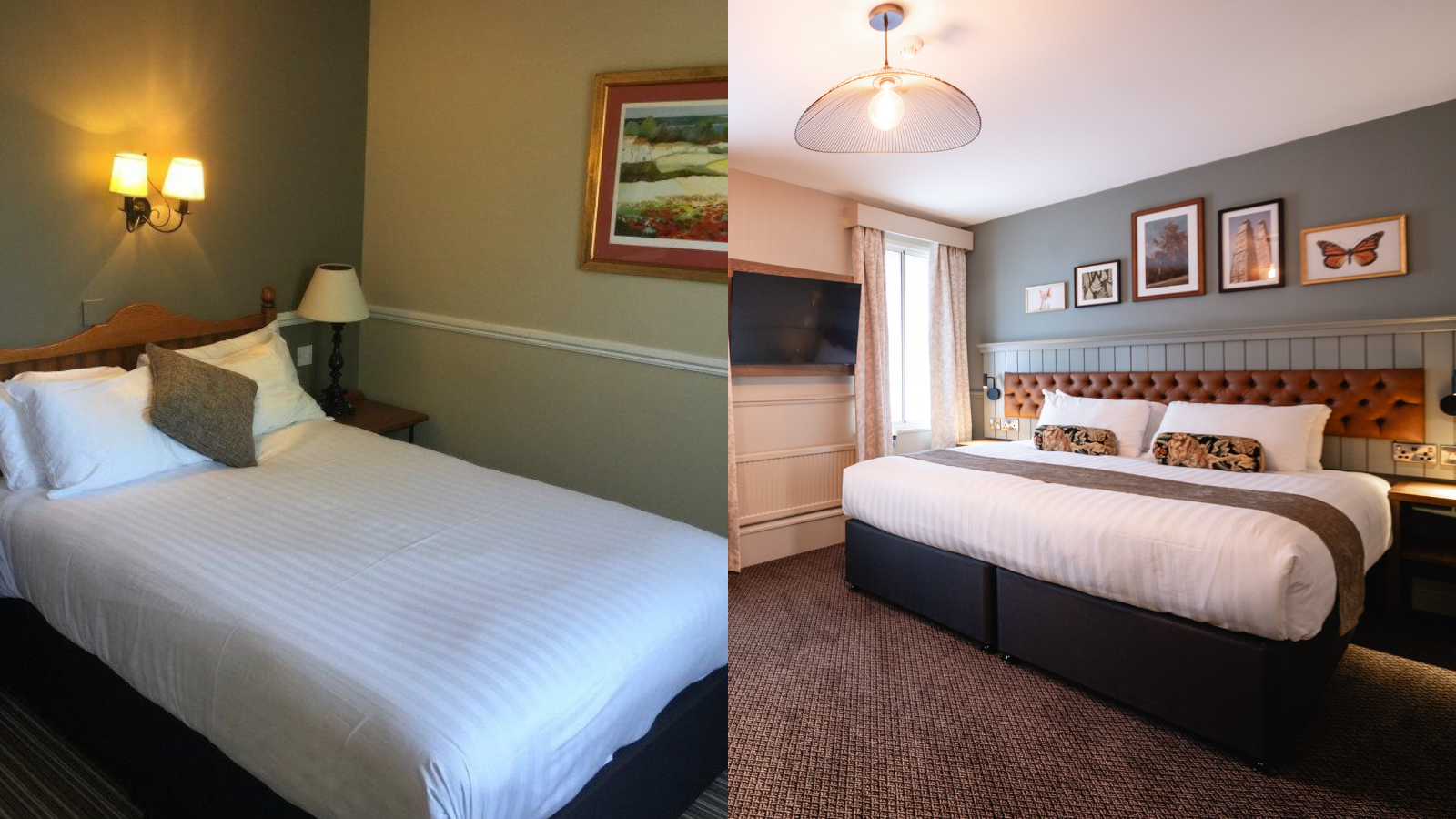 A side by side photo showing a bedroom at the Bears Head before and after refurbishment
