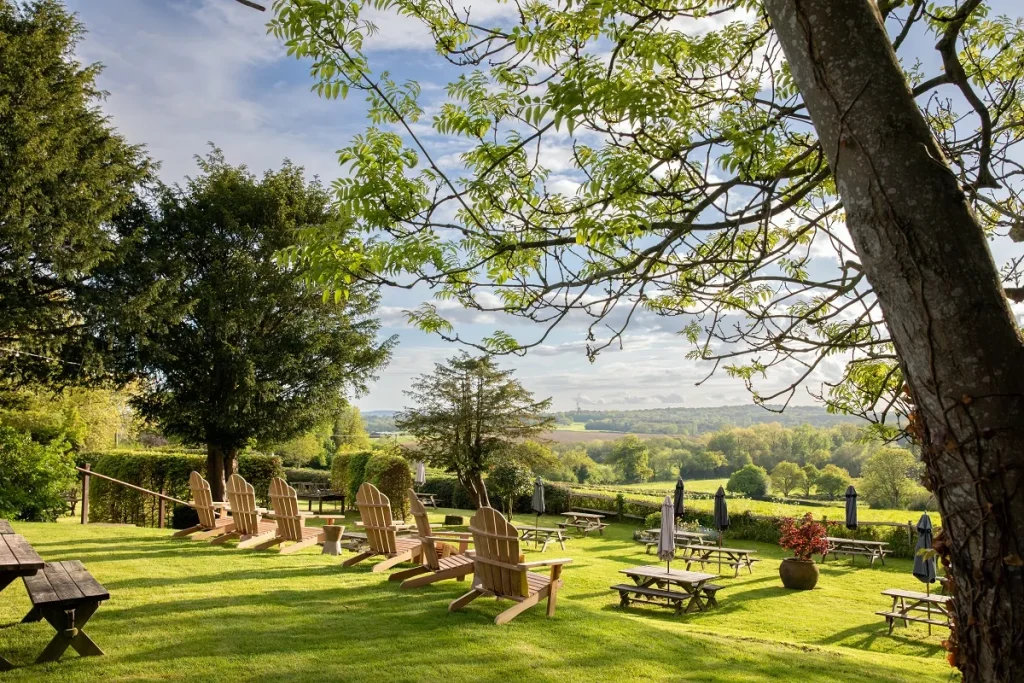 A bright colourful image of The Griffin Inn's grounds, including lots of wooden sunchairs, benches, trees and a beautiful view of the valley.