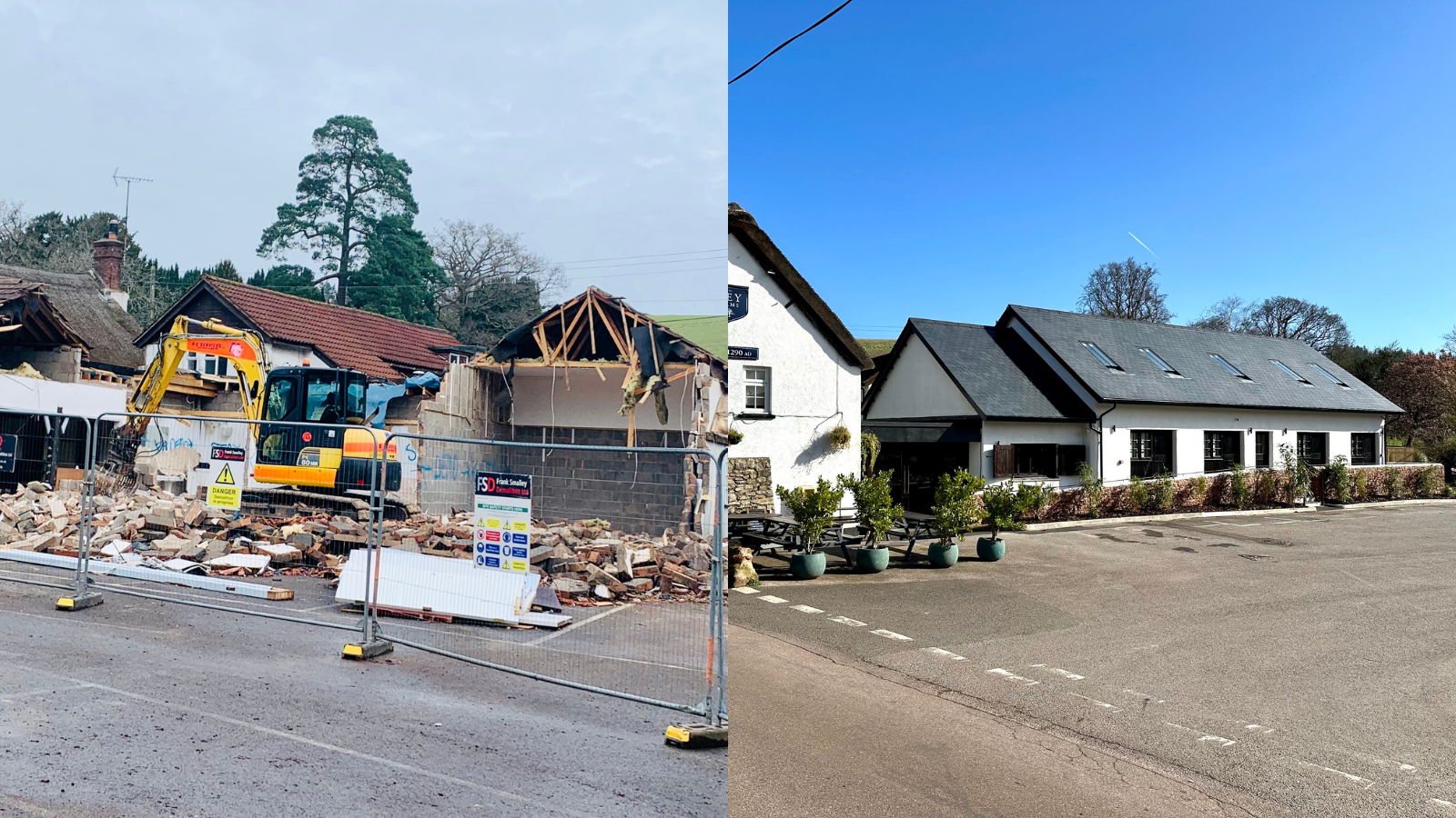 A side by side image showing the exterior of The Ley Arms before and after renovation