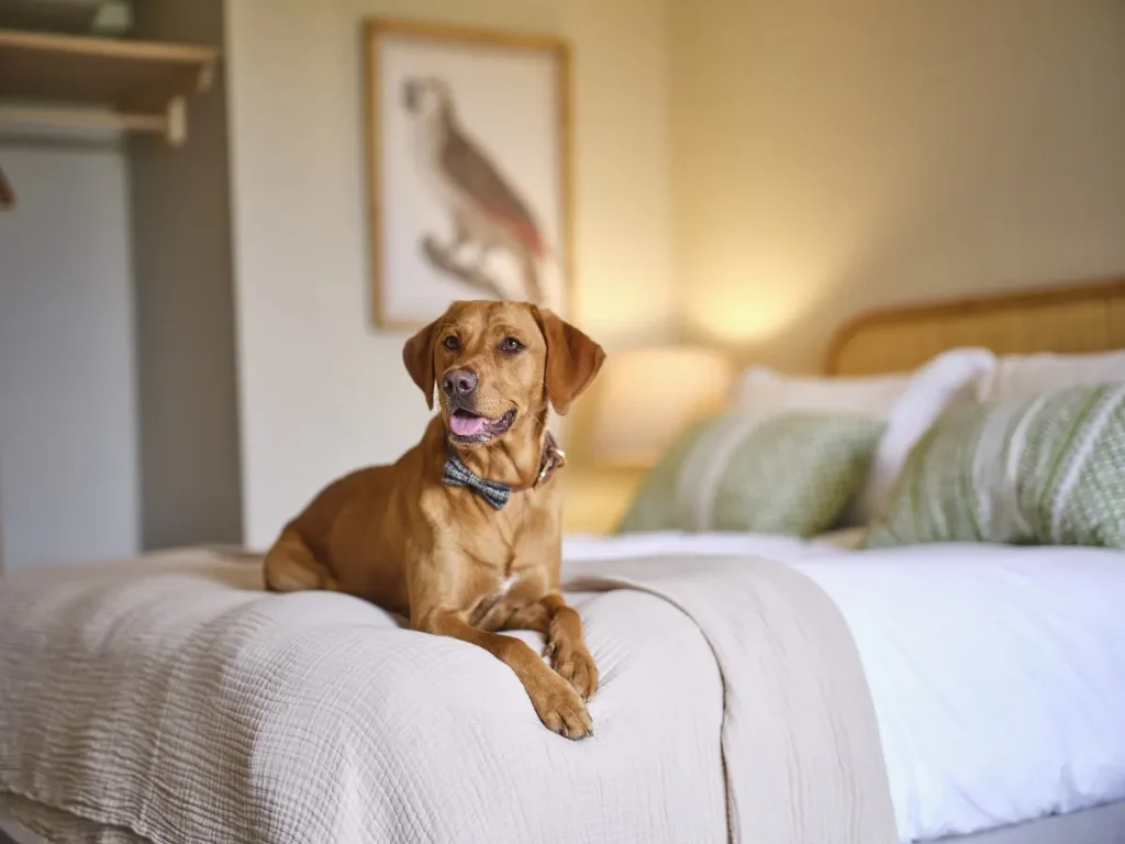 A close-up shot of a medium-sized labrador/cross breed wearing a bowtie, sat on a double bed. The room has a luxury minimalist feel, with light muted colours.