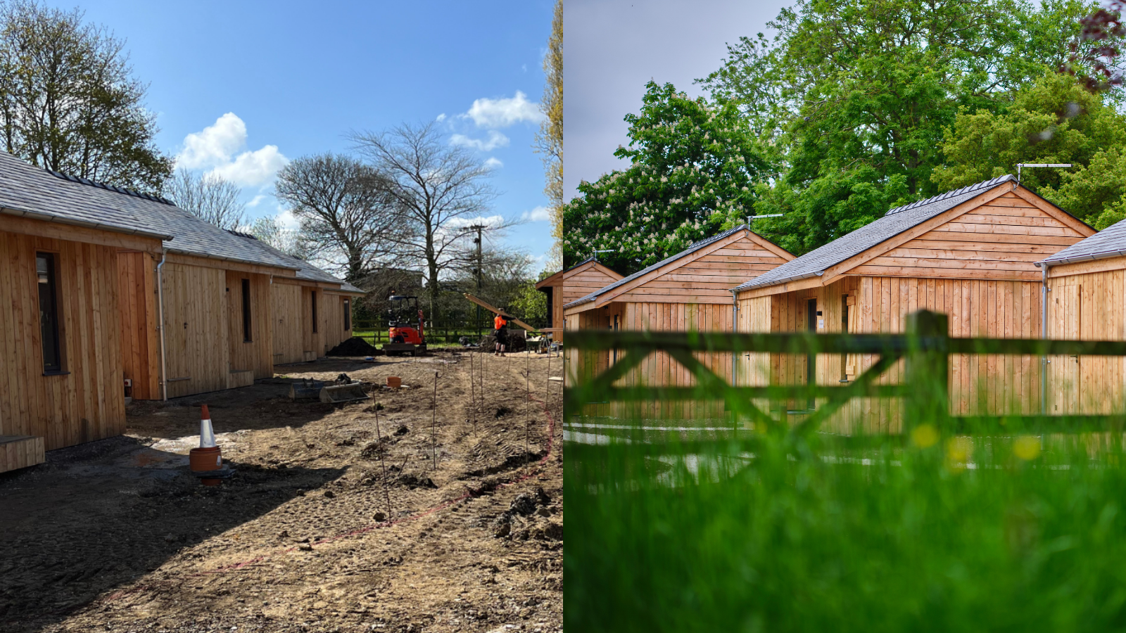 A side by side photo showing before and after the lodges were built